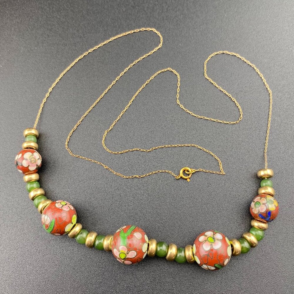 23" 14kt Beaded Necklace with Hand Painted Glass, Jade & Gold Beads - 16.1 Grams